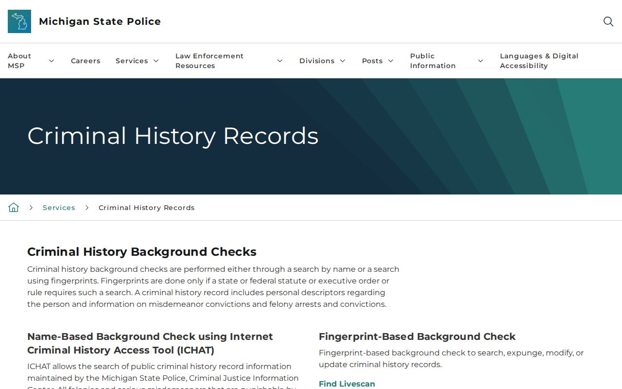 Michigan State Police criminal history hub for Sanilac County record checks