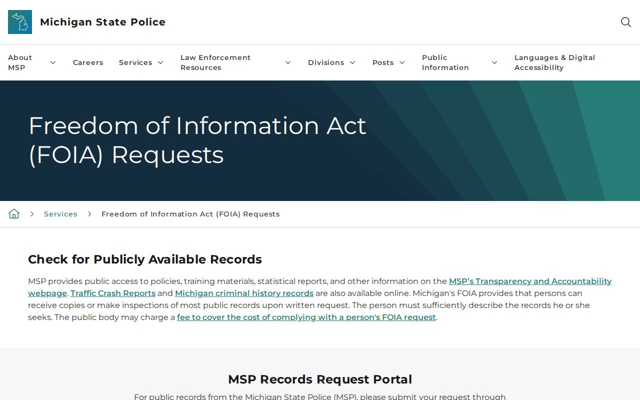 Sandusky and Sanilac County criminal records access through Michigan State Police FOIA